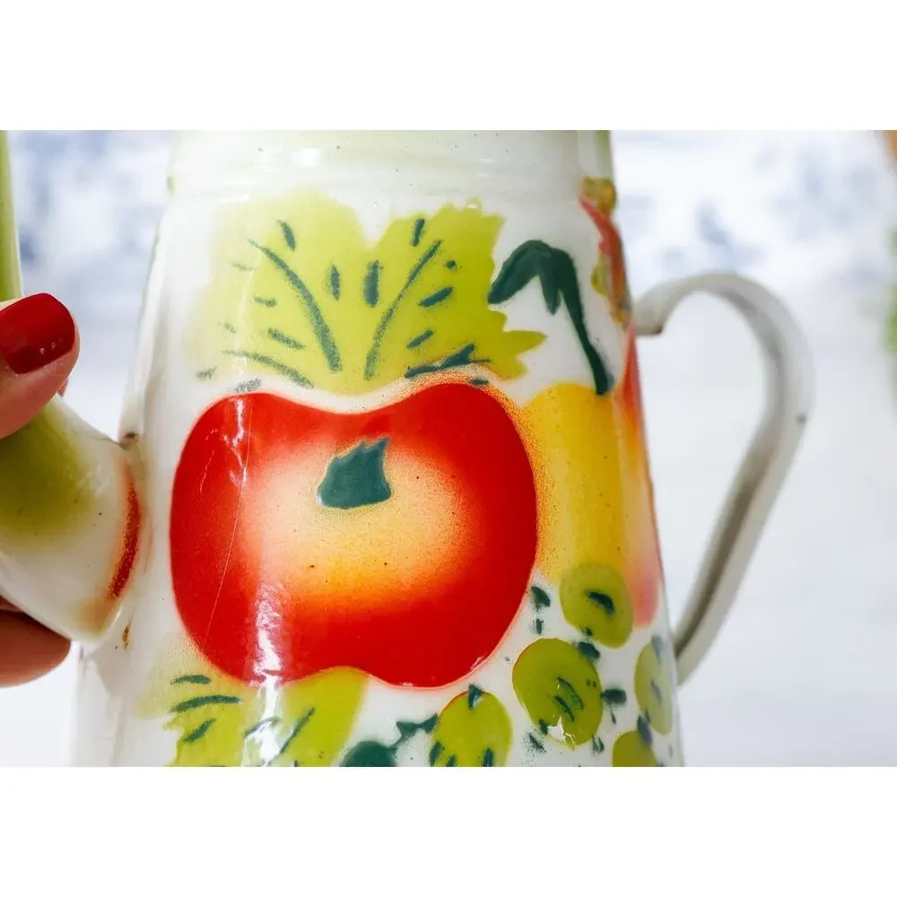 Vintage Fruit Enamelware Coffee Tea Pot MCM Retro Cottage Farm Grandma Tea Party